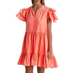 TANYA TAYLOR Marisol Tiered Dress V-neck Ruffle Cap Sleeves Size S Coral $395